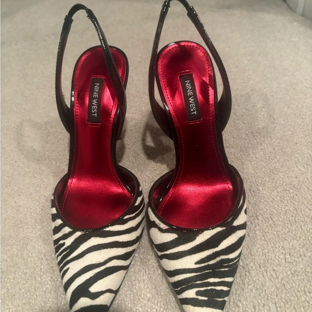 NEVER WORN Nine West Zebra Print Heels with Red Insole